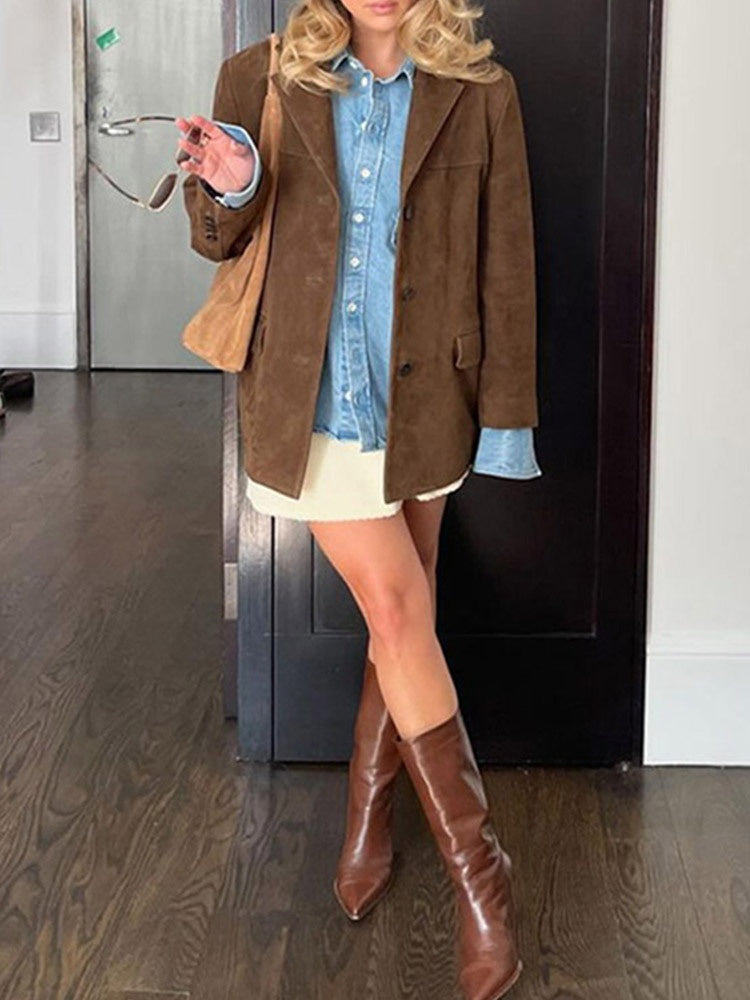 Women's brown longline winter coat — side detail