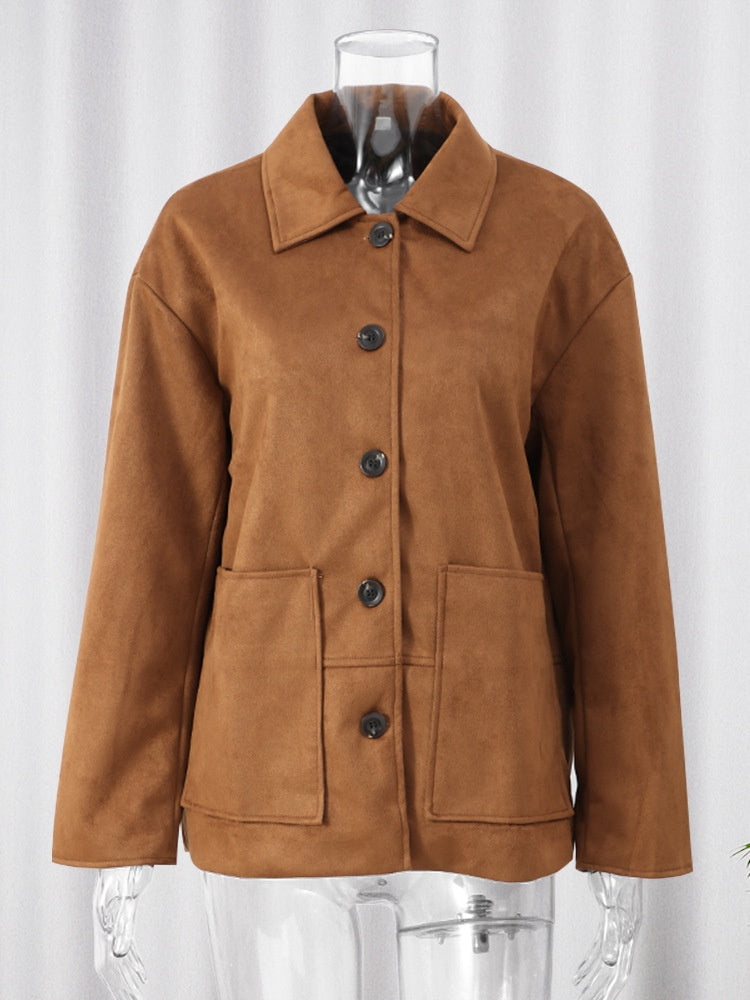 Women's brown longline winter coat — side detail