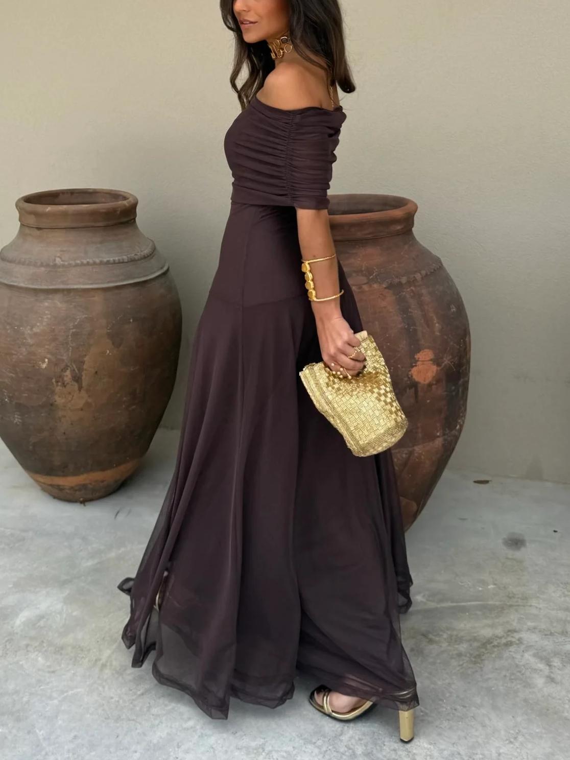 Women's brown one-shoulder mesh maxi dress — alternate angle