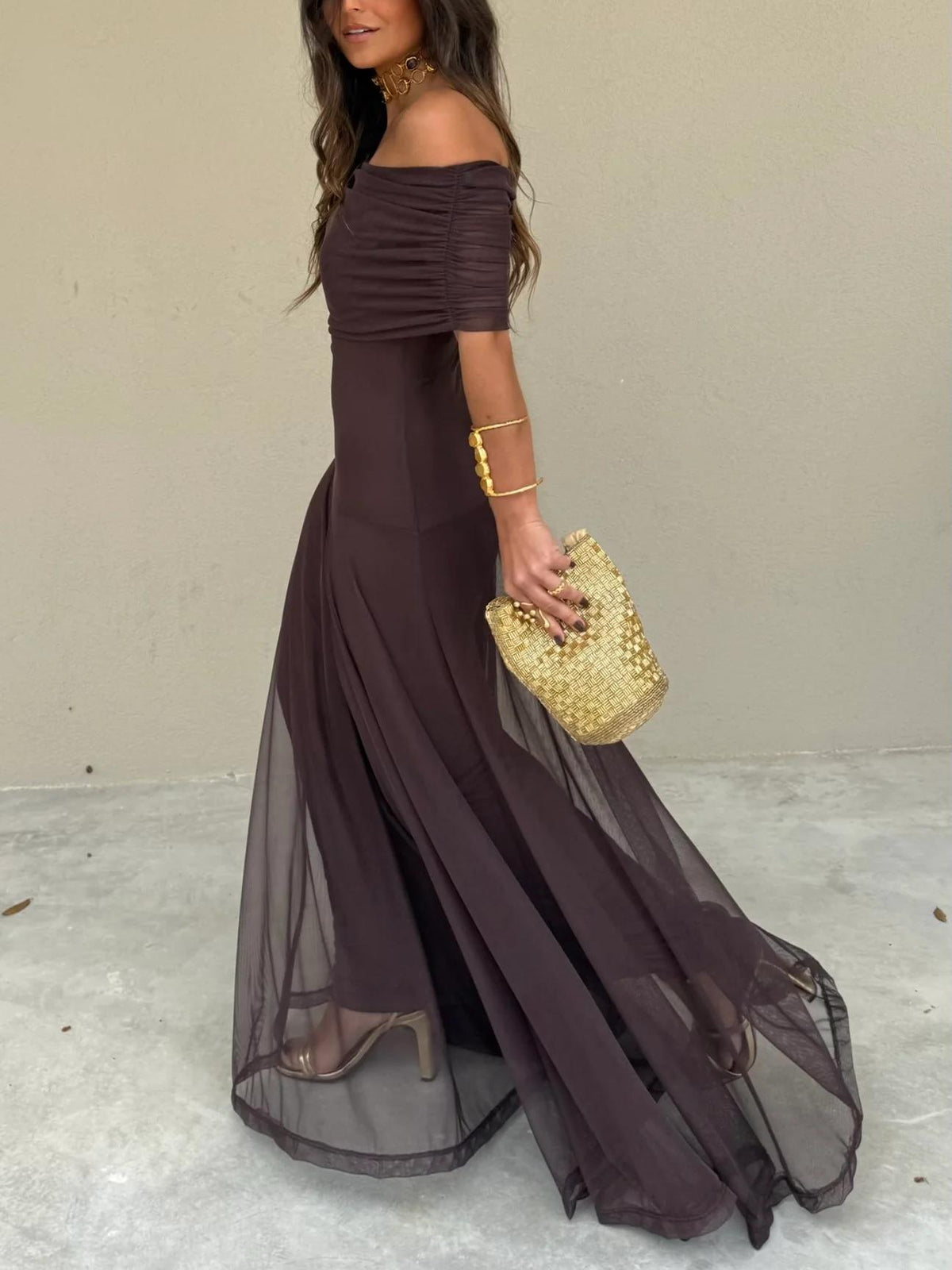 Women's brown one-shoulder mesh maxi dress — side detail