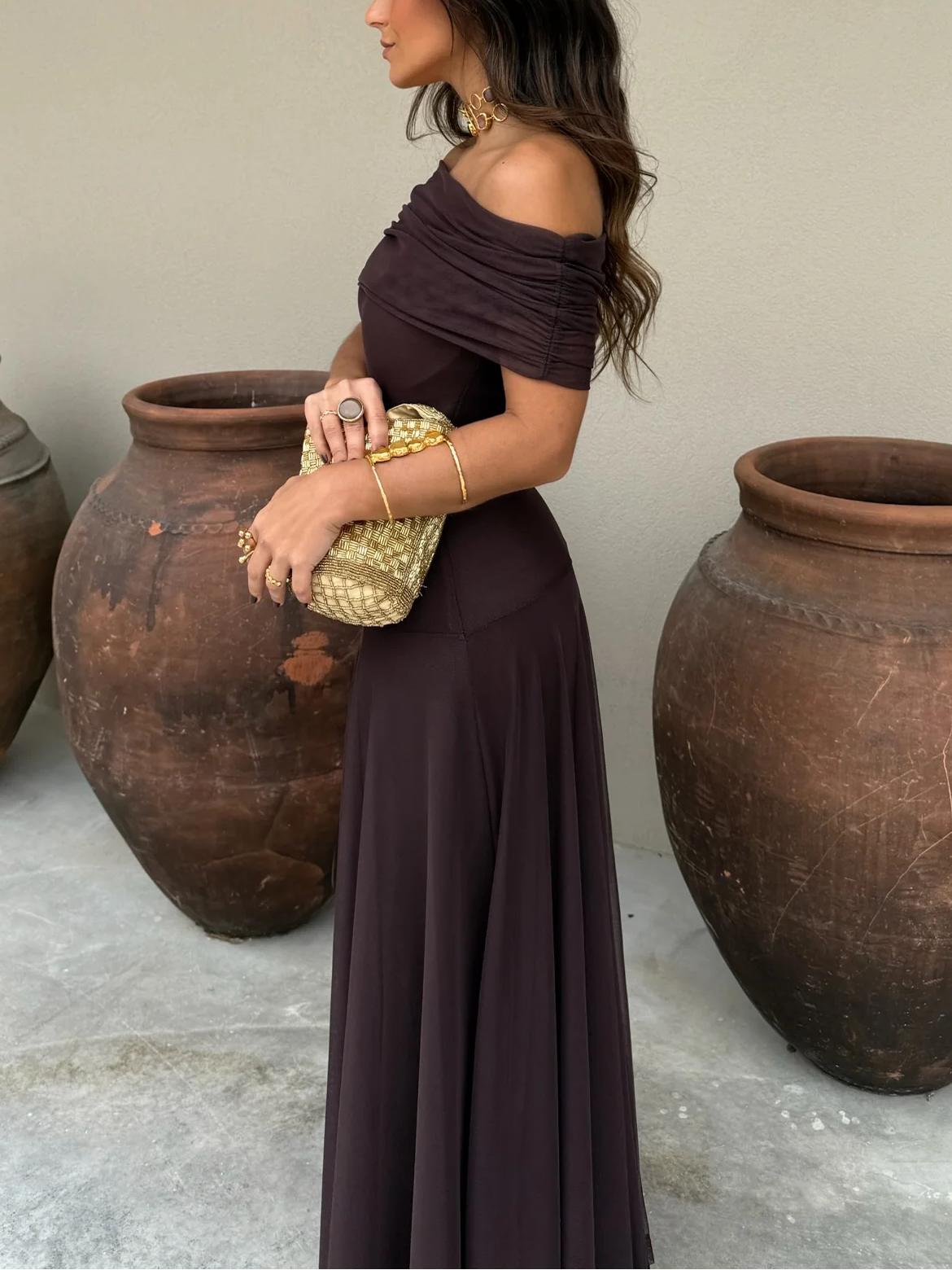 Women's brown one-shoulder mesh maxi dress — full length