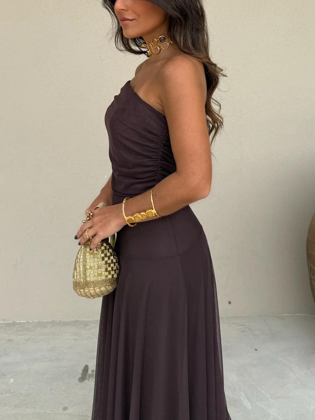 Women's brown one-shoulder mesh maxi dress