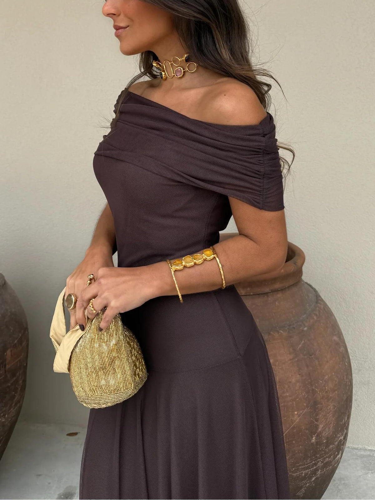 Women's brown one-shoulder mesh maxi dress