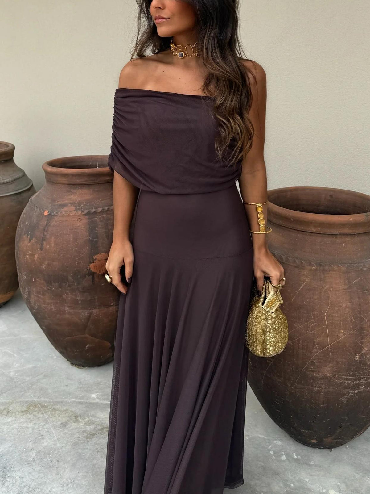 Women's brown one-shoulder mesh maxi dress