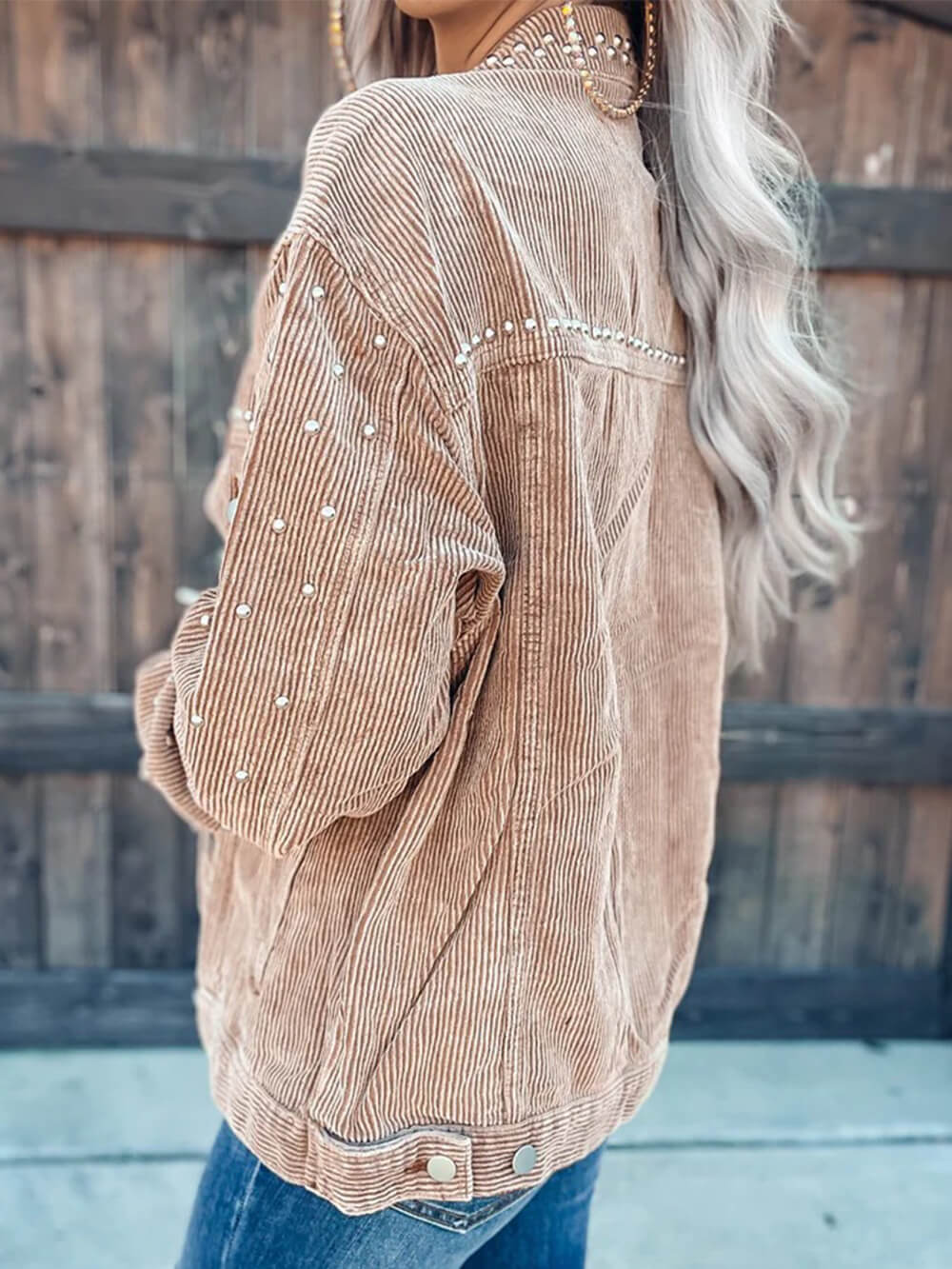 Women's brown studded corduroy cropped jacket — alternate angle
