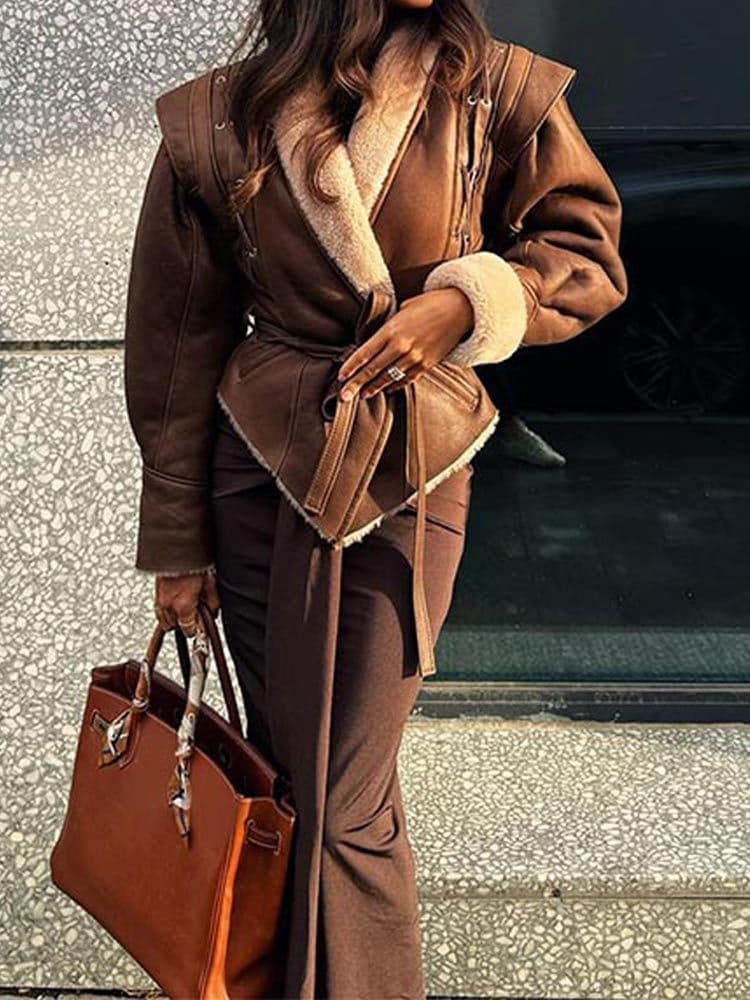Women's brown suede-textured jacket, front view