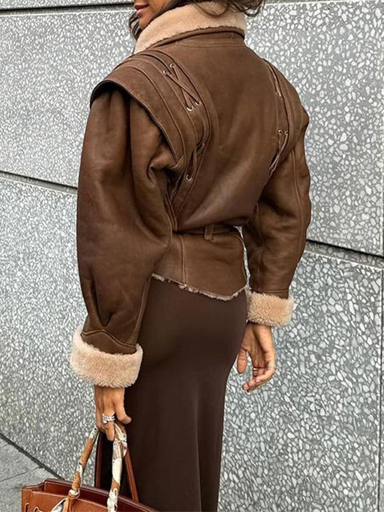 Women's brown suede-textured jacket — side detail