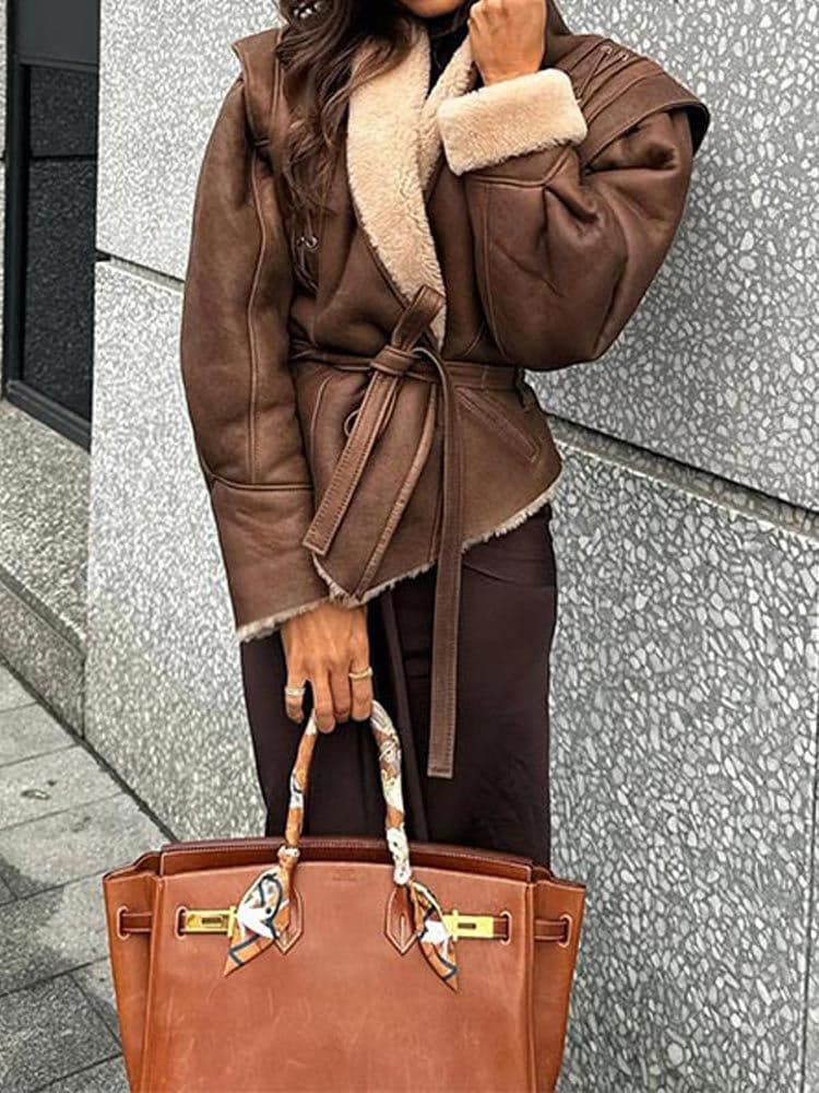 Women's brown suede-textured jacket, styled outfit