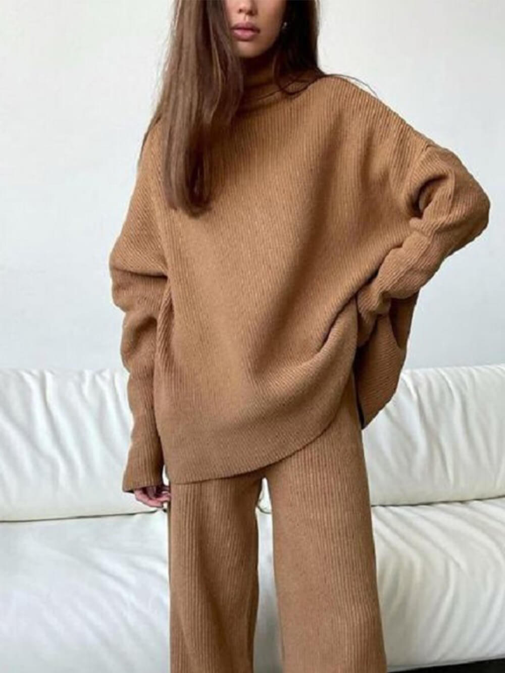 Women's brown turtleneck knit two-piece set — alternate angle