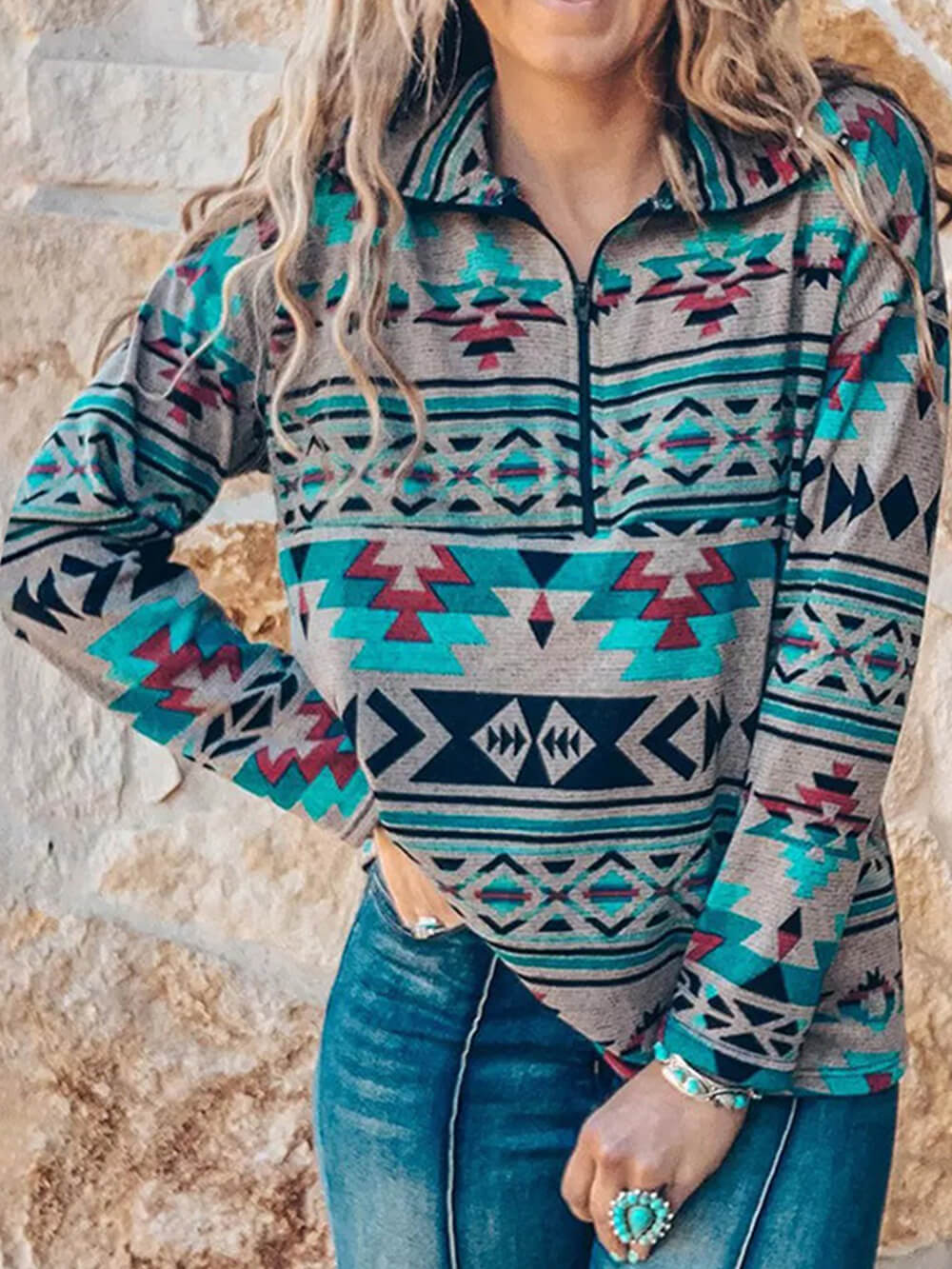 Women's brown zip-up sweatshirt with lapel collar