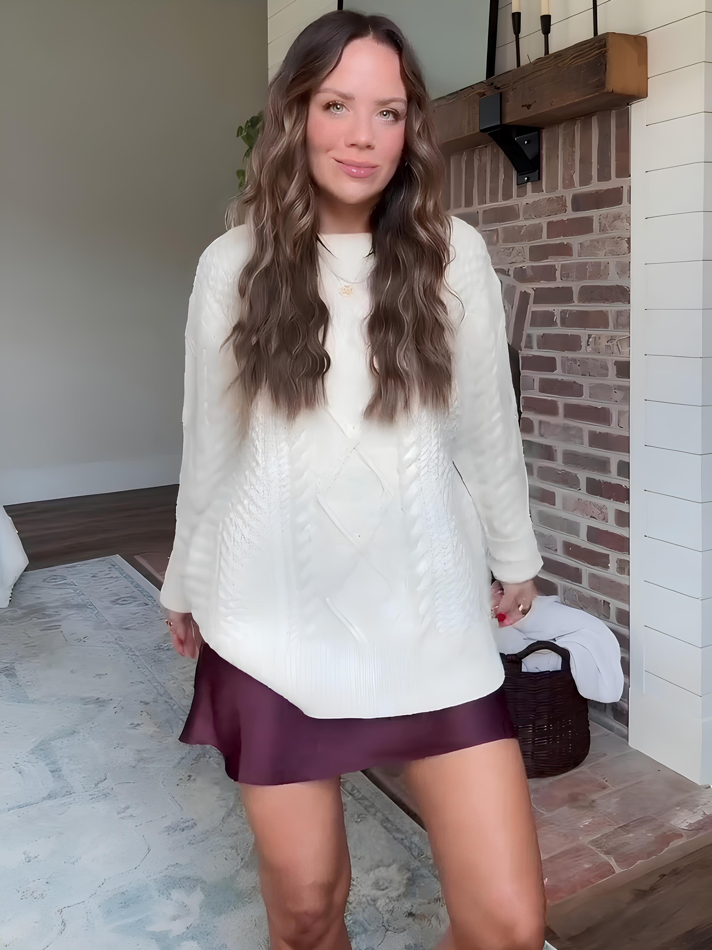Women's burgundy cable knit sweater and skort set