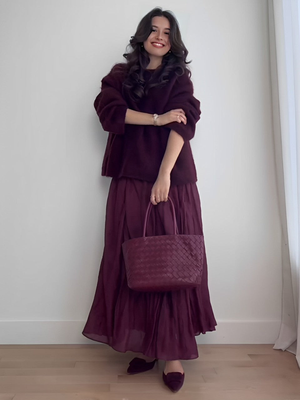 Women's burgundy mohair-blend sweater and skirt set