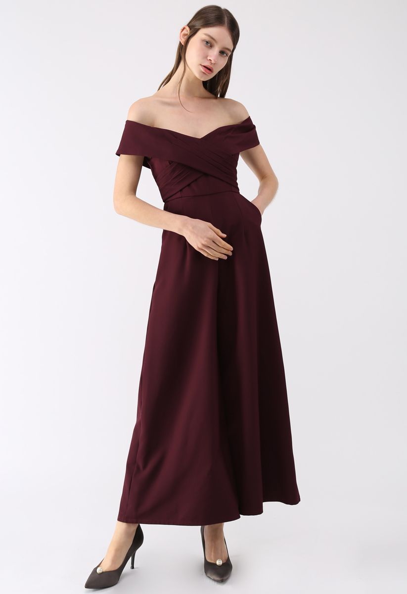 Women's Burgundy Off-Shoulder Jumpsuit