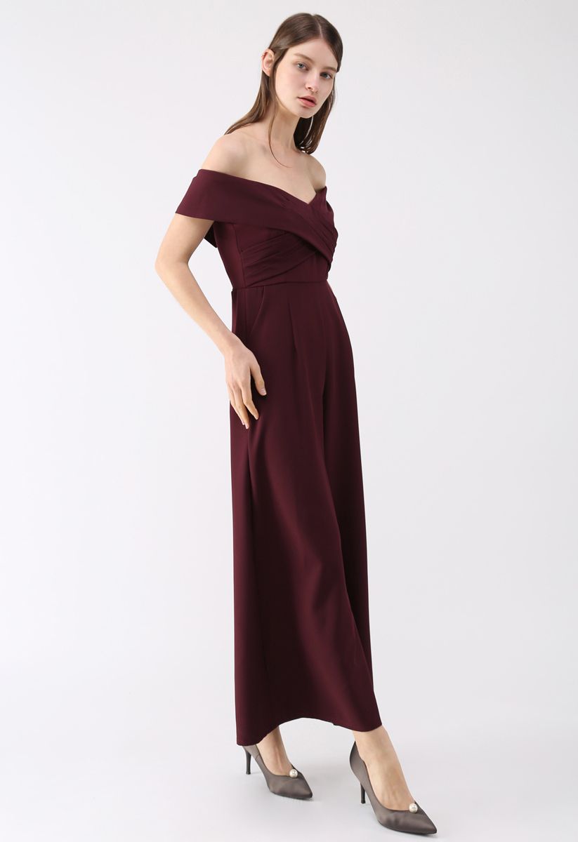 Women's Burgundy Off-Shoulder Jumpsuit