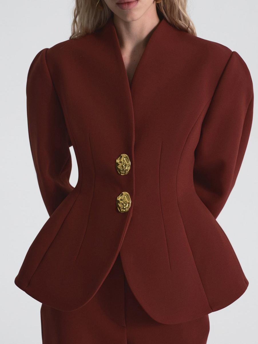 Women's burgundy peplum blazer and trousers set — detail