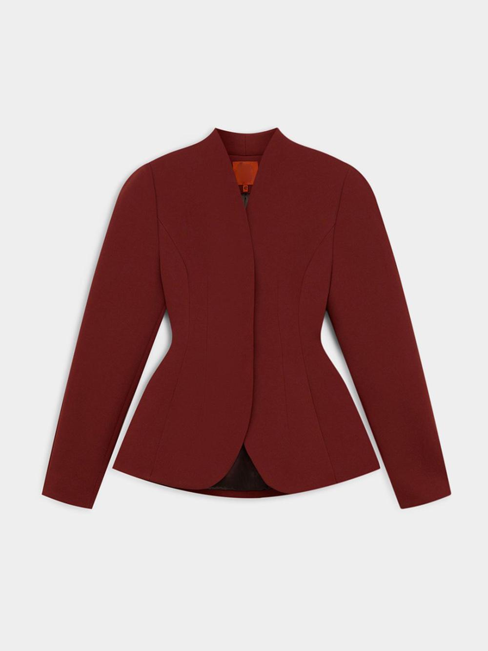 Women's burgundy peplum blazer and trousers set — styled look