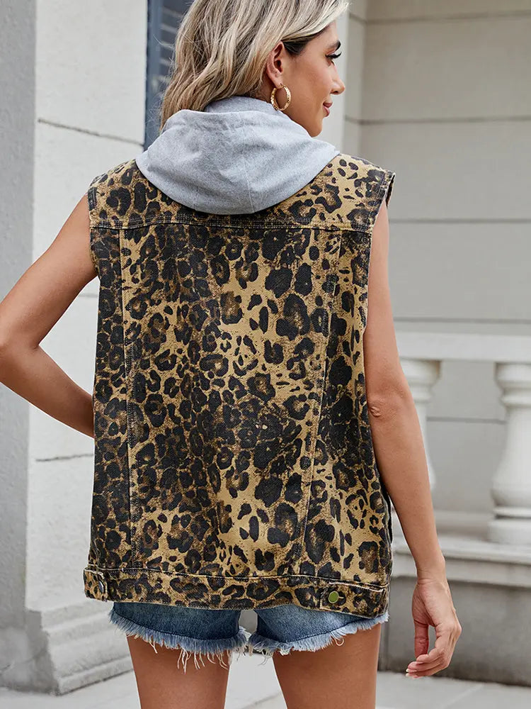 Women's camel leopard print hooded vest top — full length