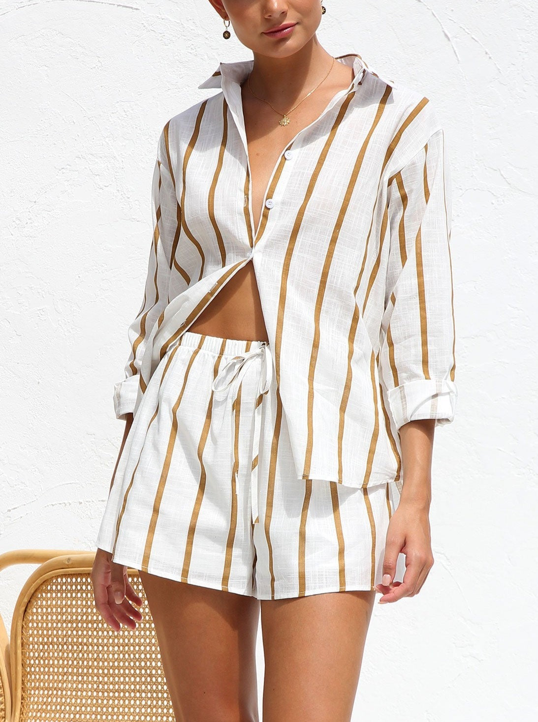 Women's camel stripe shirt and shorts set — alternate angle
