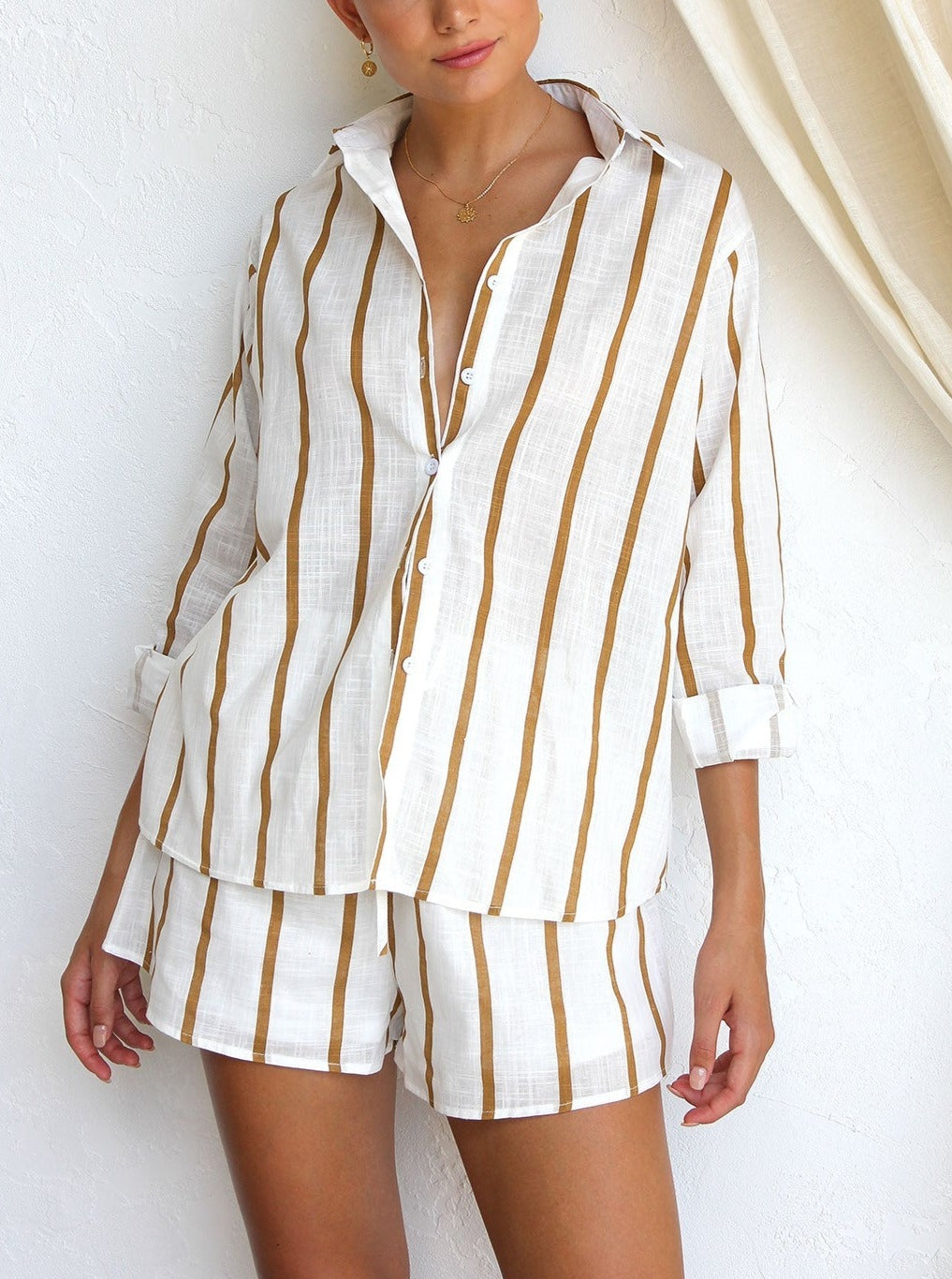 Women's camel stripe shirt and shorts set — fabric swatch