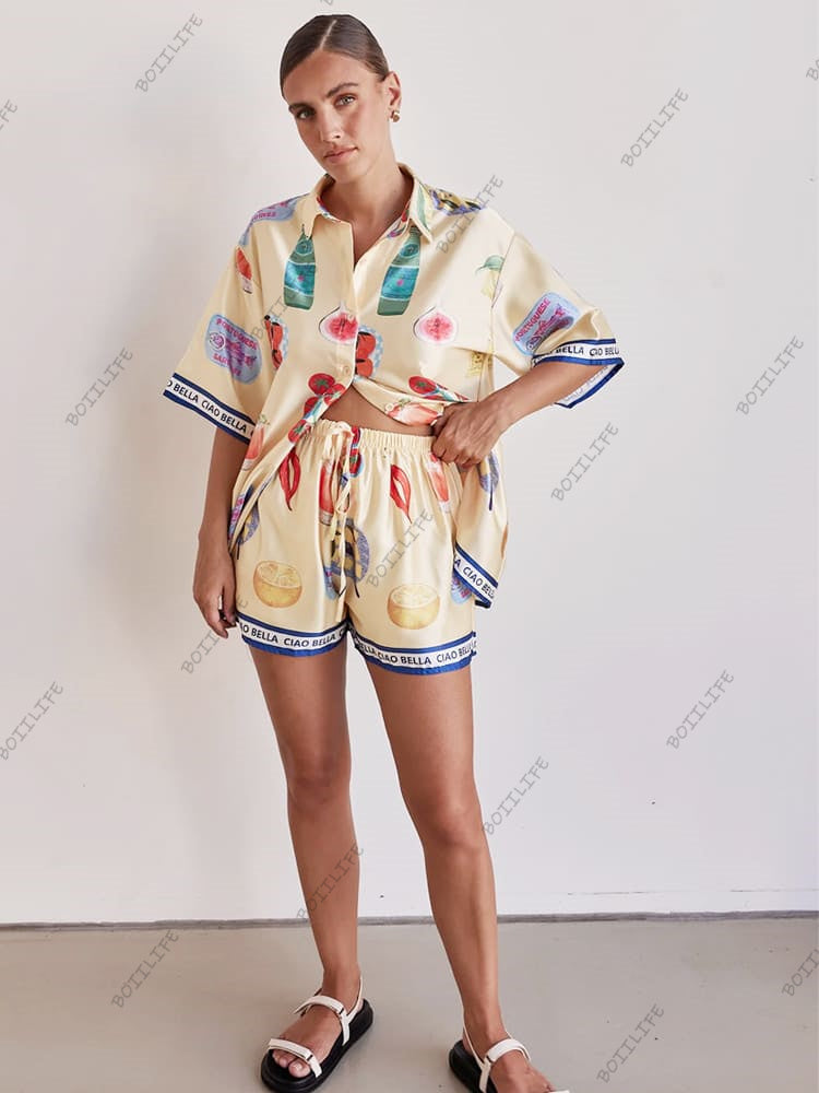 Women's Cartoon Print Collar Cardigan Shorts Loungewear Set