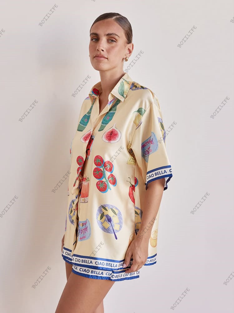 Women's Cartoon Print Collar Cardigan Shorts Loungewear Set