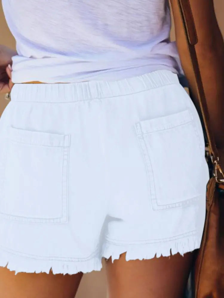 Women's high-waist drawstring denim shorts — detail view