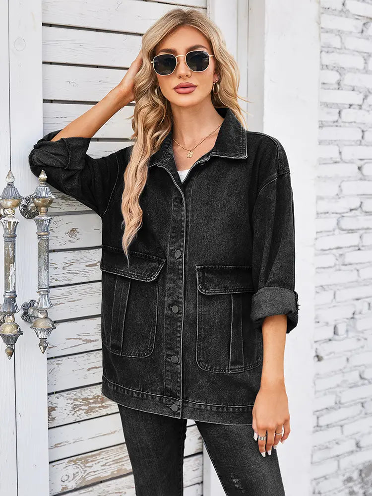 Women's Charcoal Washed Denim Trucker Jacket — back view