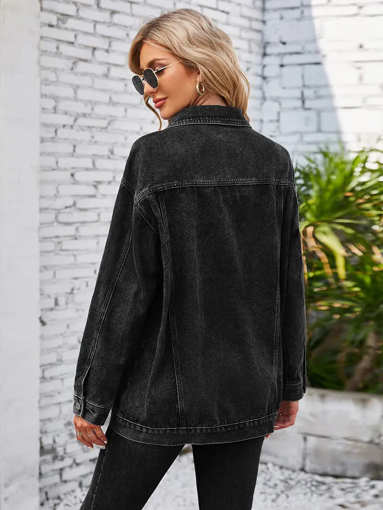 Women's Charcoal Washed Denim Trucker Jacket — side detail
