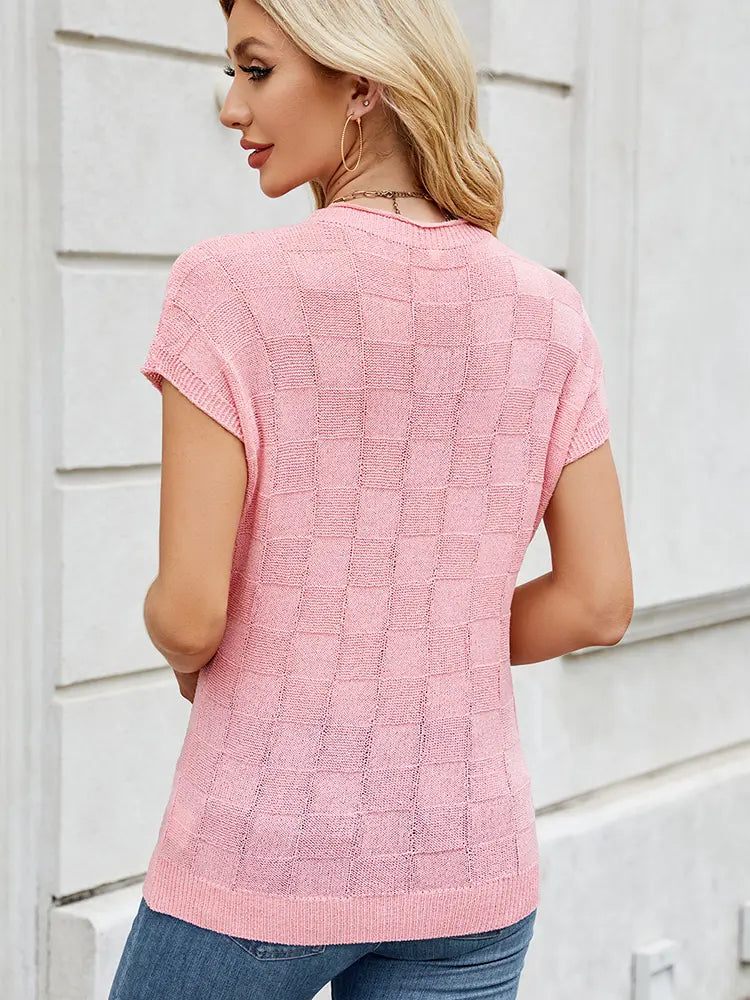 Women's checkered knit casual sweater — front view