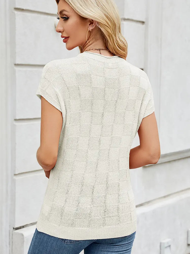 Women's checkered knit casual sweater — back view