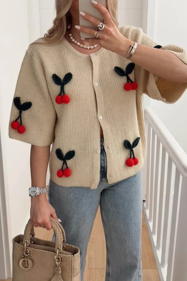 Women's cherry print V-neck cardigan