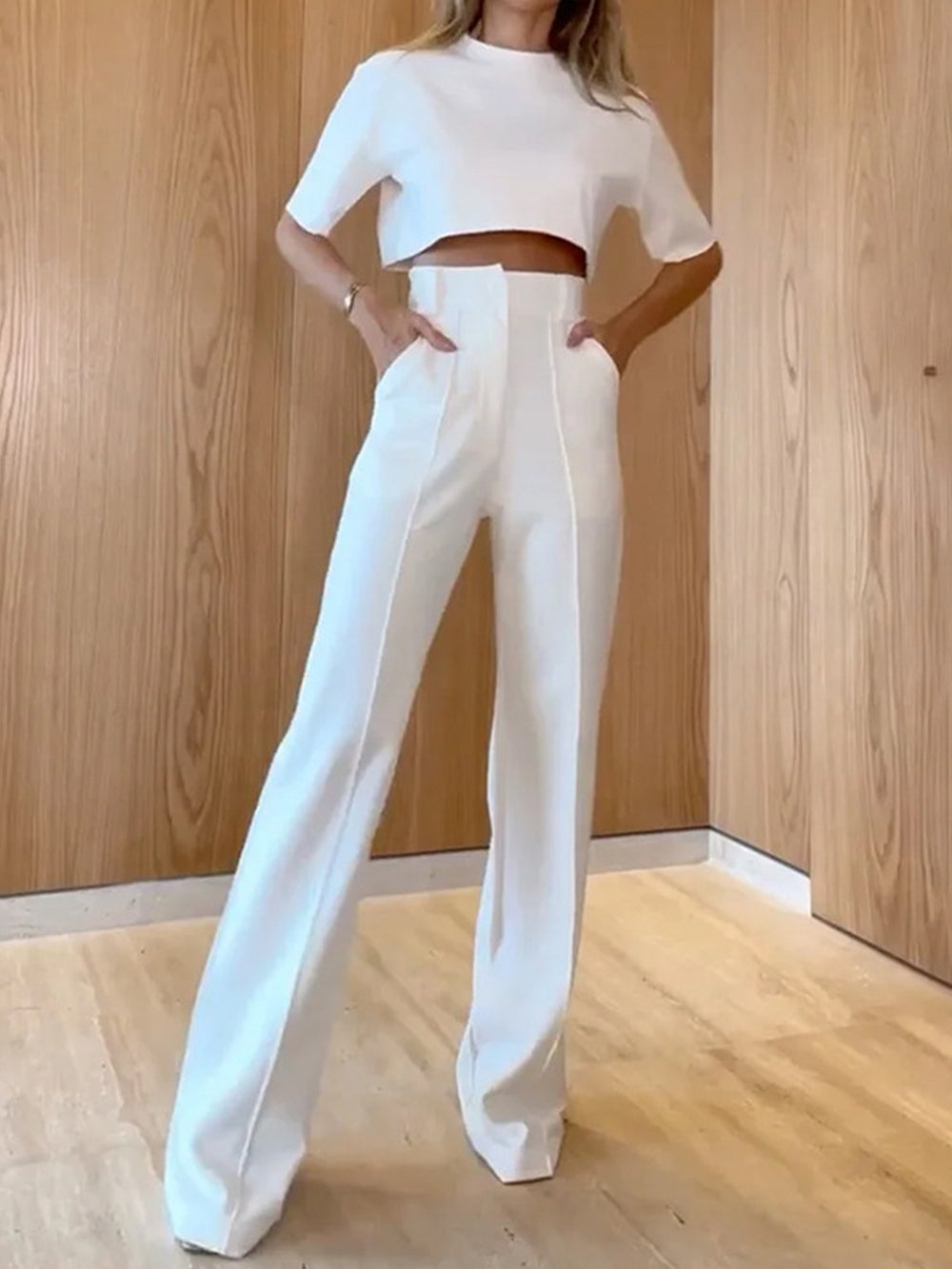 Women's white contour top and wide-leg trouser set