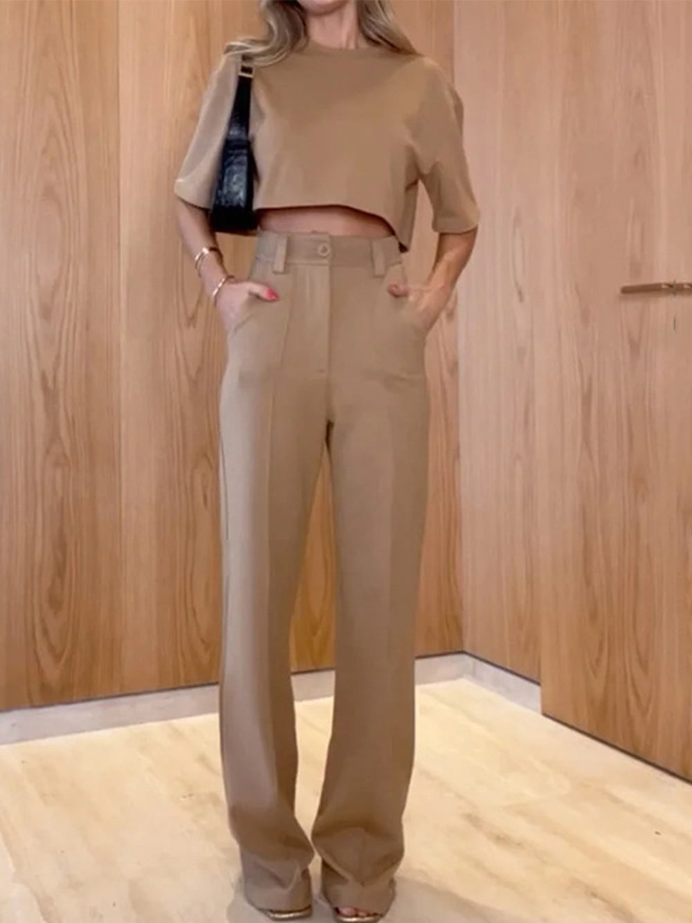 Women's white contour top and wide-leg trouser set — back view