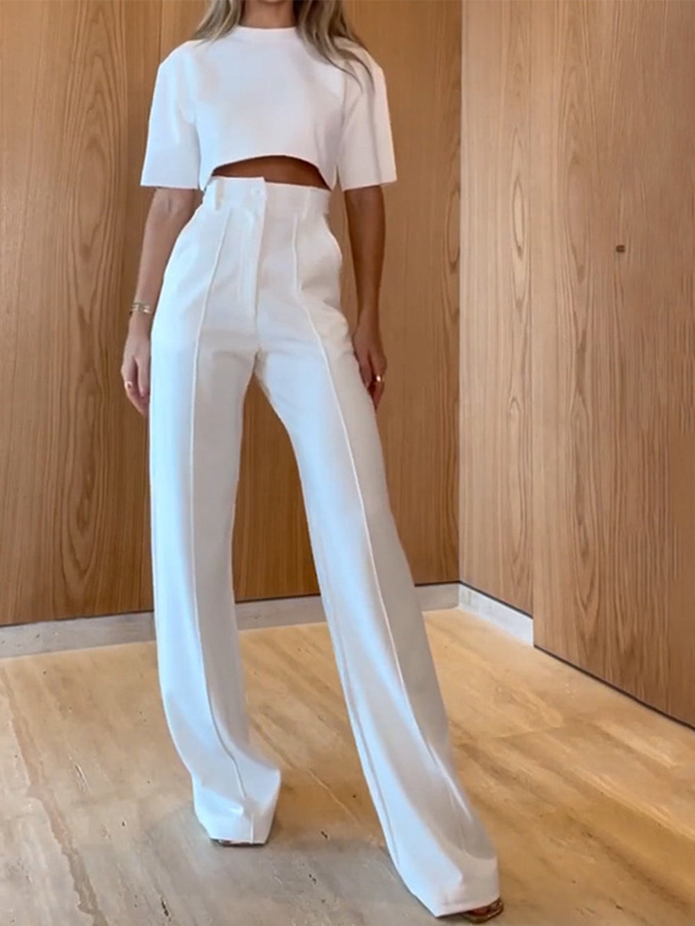 Women's white contour top and wide-leg trouser set — side detail