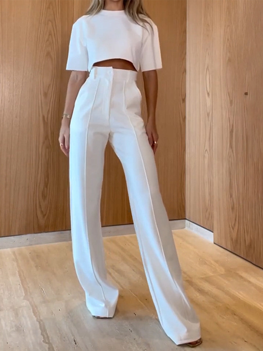 Women's khaki contour top and wide-leg trouser set