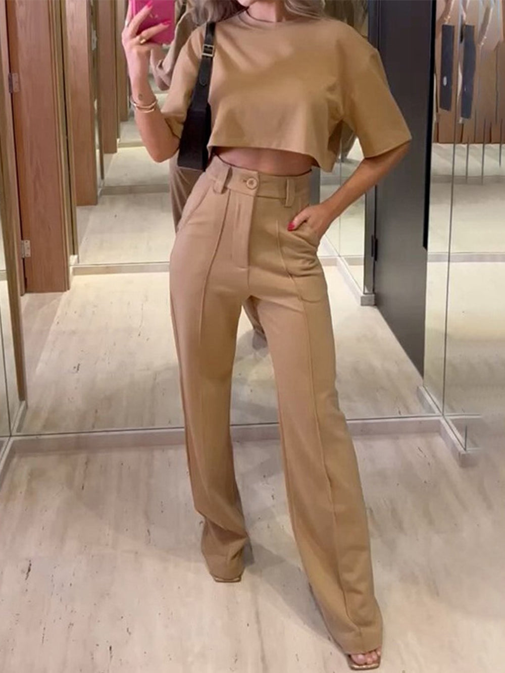 Women's khaki contour top and wide-leg trouser set