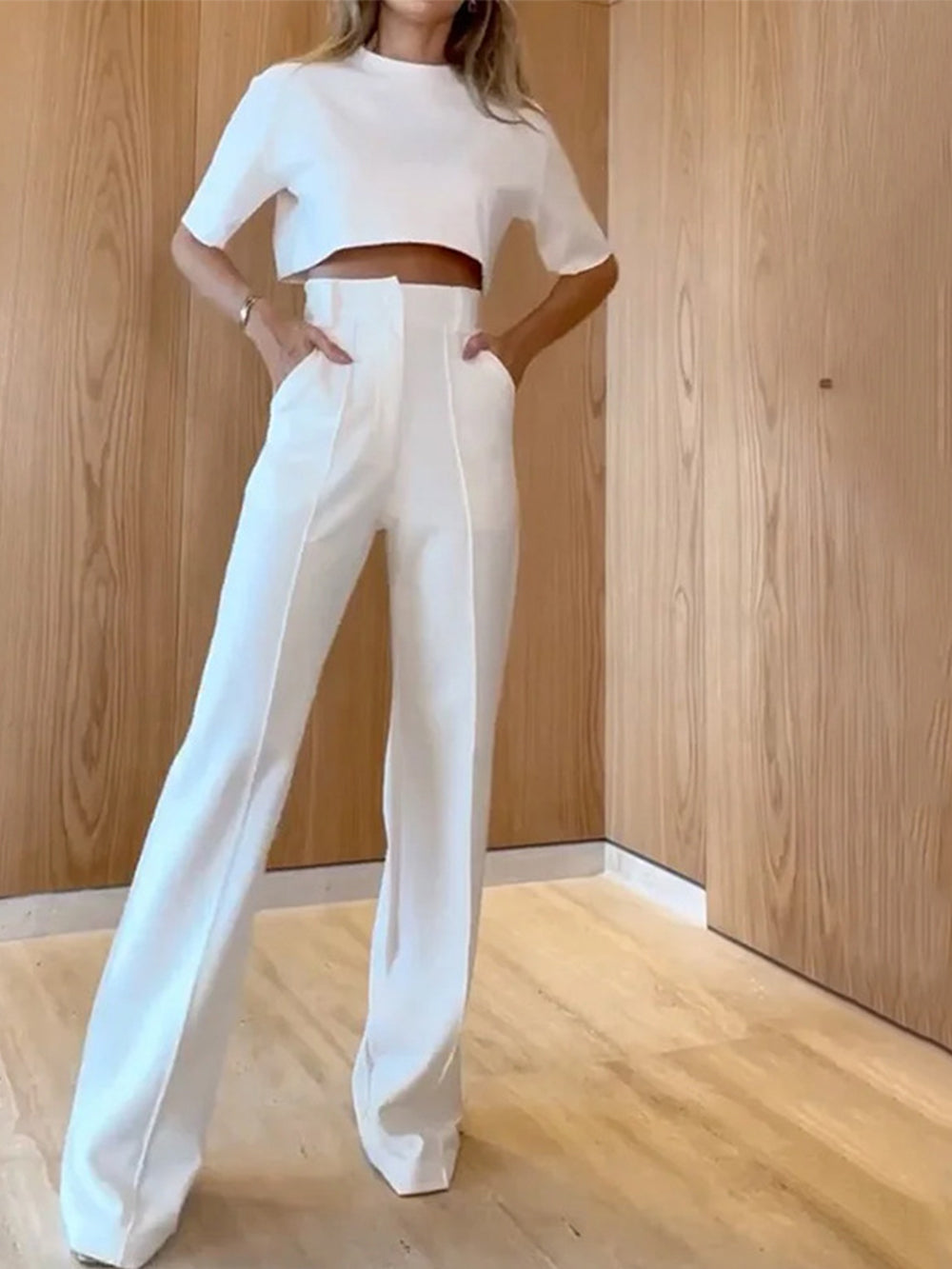 Women's khaki contour top and wide-leg trouser set