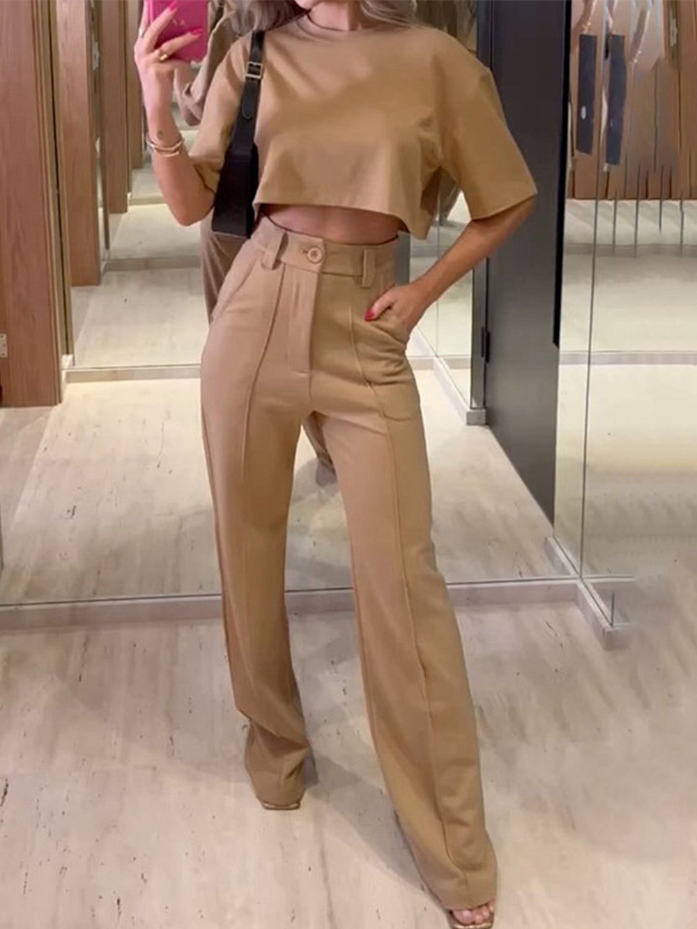 Women's khaki contour top and wide-leg trouser set