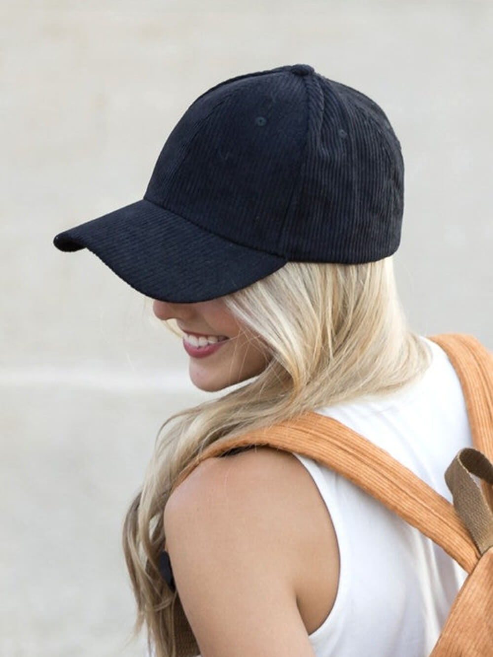Women's corduroy boyfriend ball cap — back strap detail