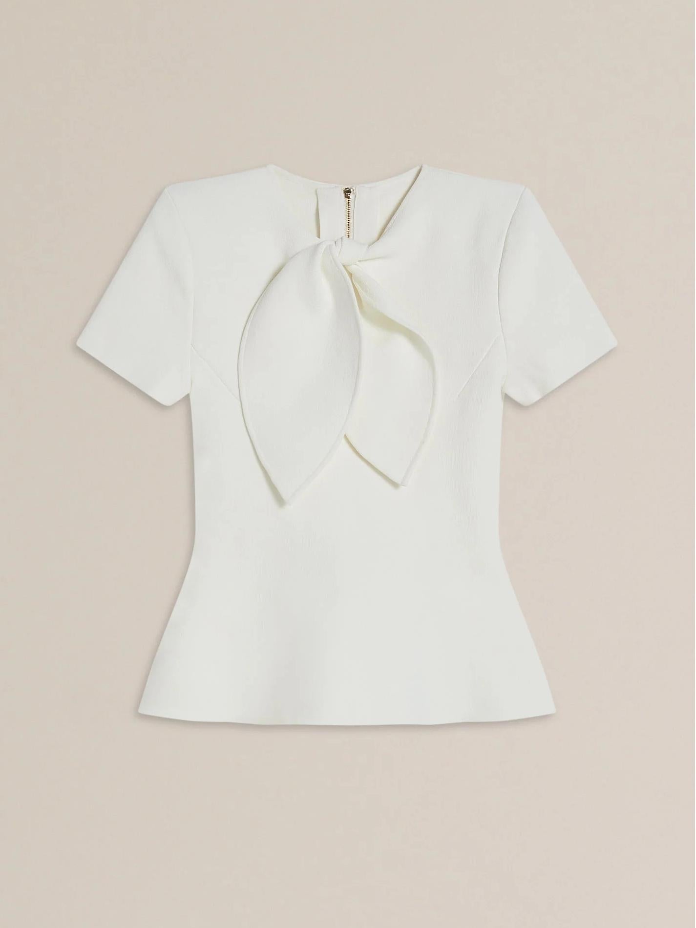 Women's cream crepe knit cravat top, full length
