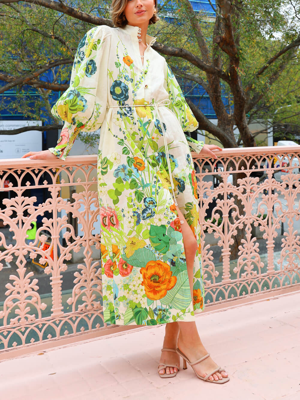 Women's cream lantern sleeve shirt dress with stand-up collar