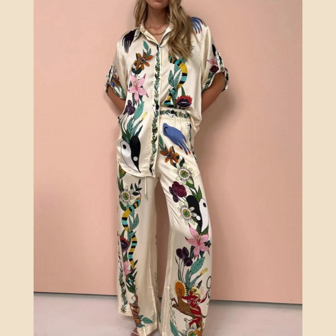 Women's cream satin shirt and pants set