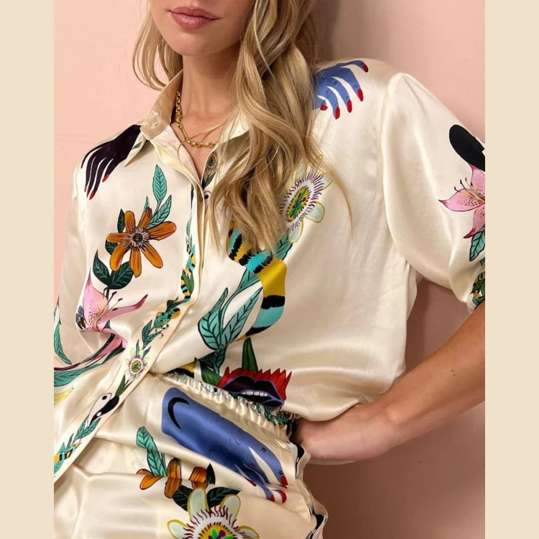 Women's cream satin shirt and pants set — back view