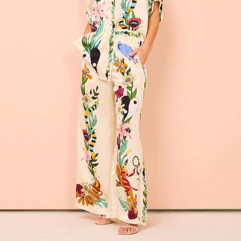 Women's cream satin shirt and pants set fabric detail
