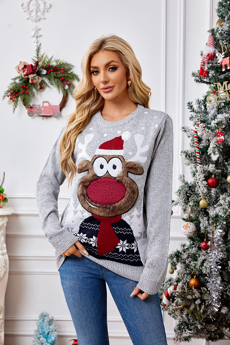Women's crewneck reindeer embroidered knit sweater