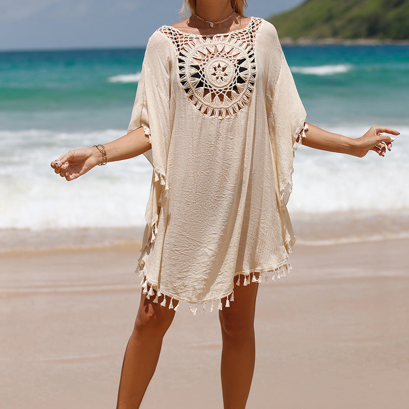 Women's crochet fringe beach cover-up - layered over swimwear