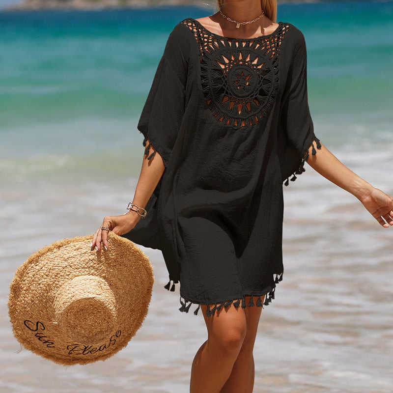 Women's crochet fringe beach cover-up - worn on model