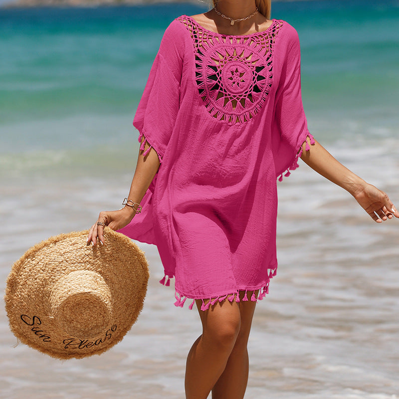 Women's crochet fringe beach cover-up - fringe detail
