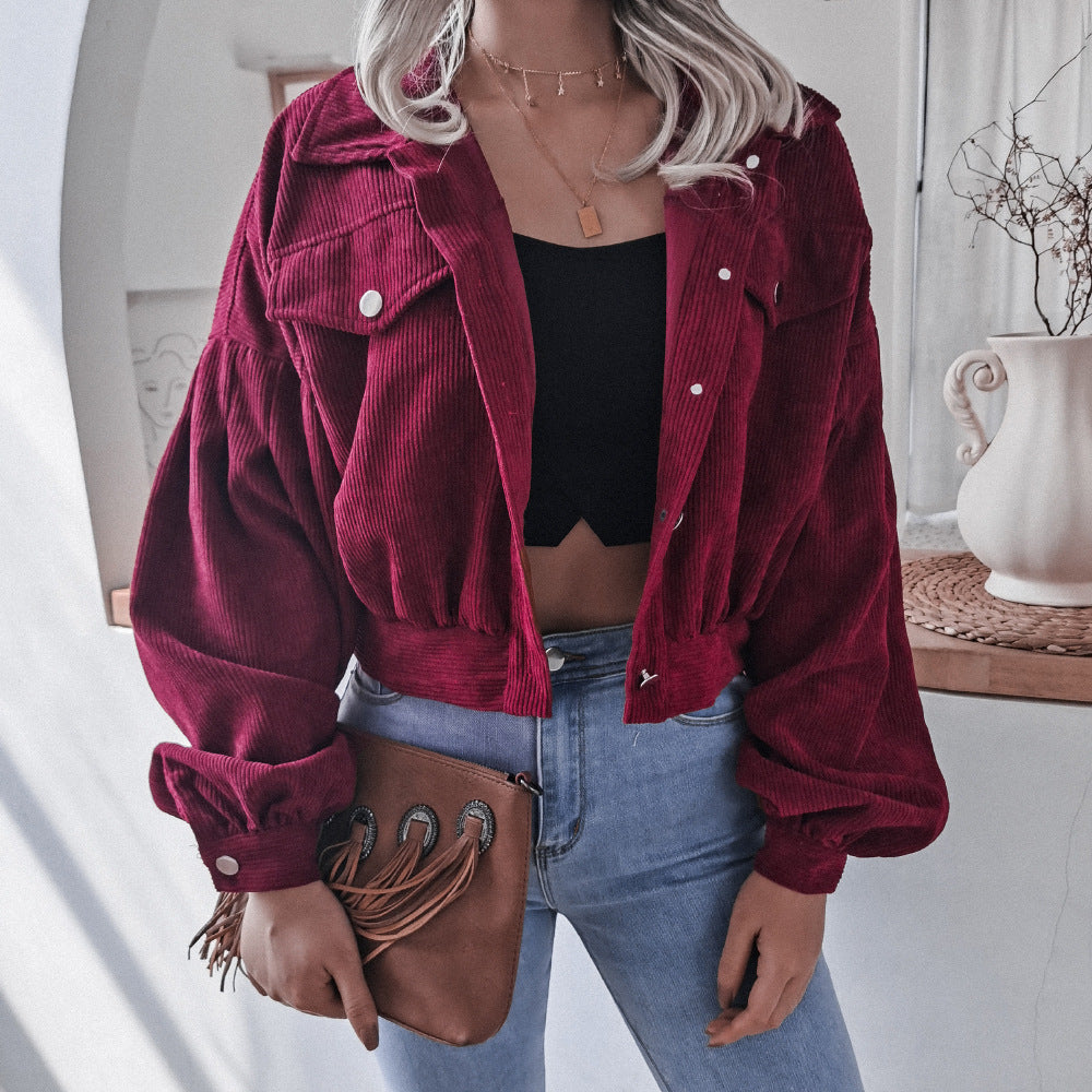 Women's Cropped Corduroy Lantern Sleeve Jacket