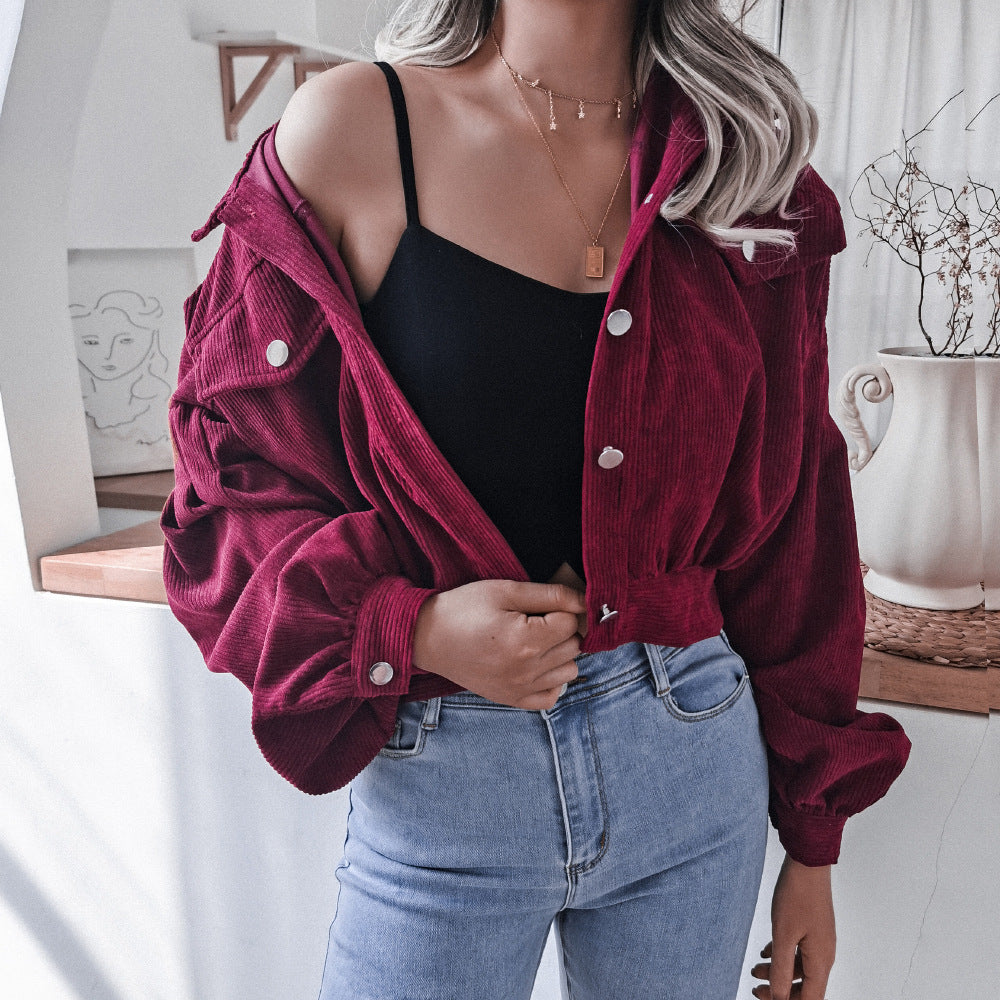 Women's Cropped Corduroy Lantern Sleeve Jacket